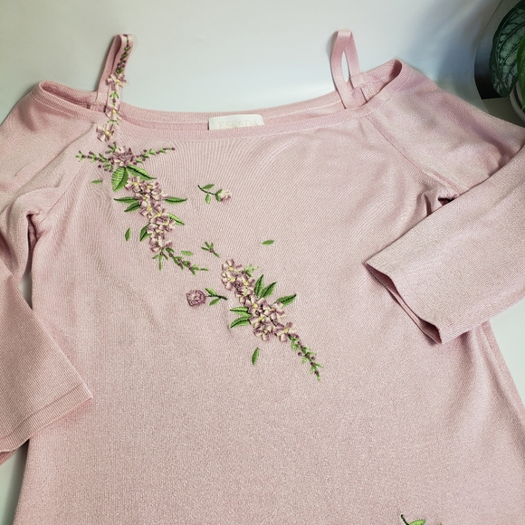 Escada Pink Silk Cold Shoulder Floral Ribbon Details NWOT Euro 38 US 8 Small - Picture 9 of 10